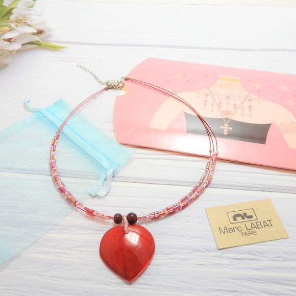 Red Shell Choker Glass Bead Collard Necklce - Picture 1 of 4